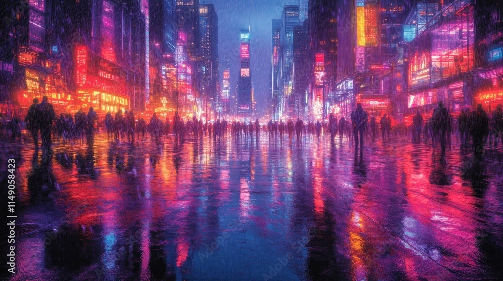 A vibrant, rainy cityscape with reflections and crowds illuminated by neon lights. A vibrant, rainy cityscape with reflections and crowds illuminated by neon lights.