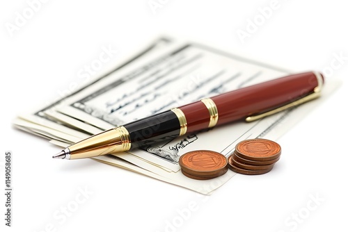 bank loan agreement document with pen and seal isolated on white background photo