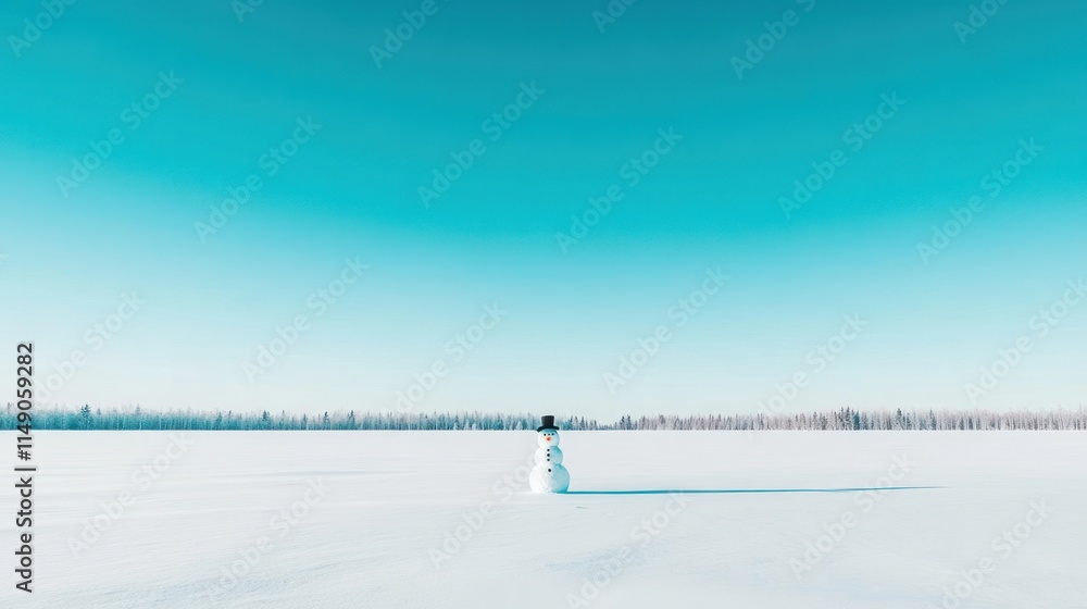 Solitary snowman on a vast, snow-covered field under a vibrant blue sky. Solitary snowman on a vast, snow-covered field under a vibrant blue sky.
