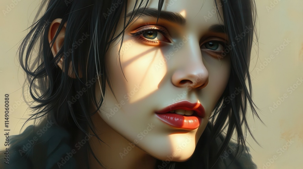 Fototapeta premium Close-up of a woman with dark hair and red lips, featuring dramatic lighting and shadows across her face for a striking effect. 