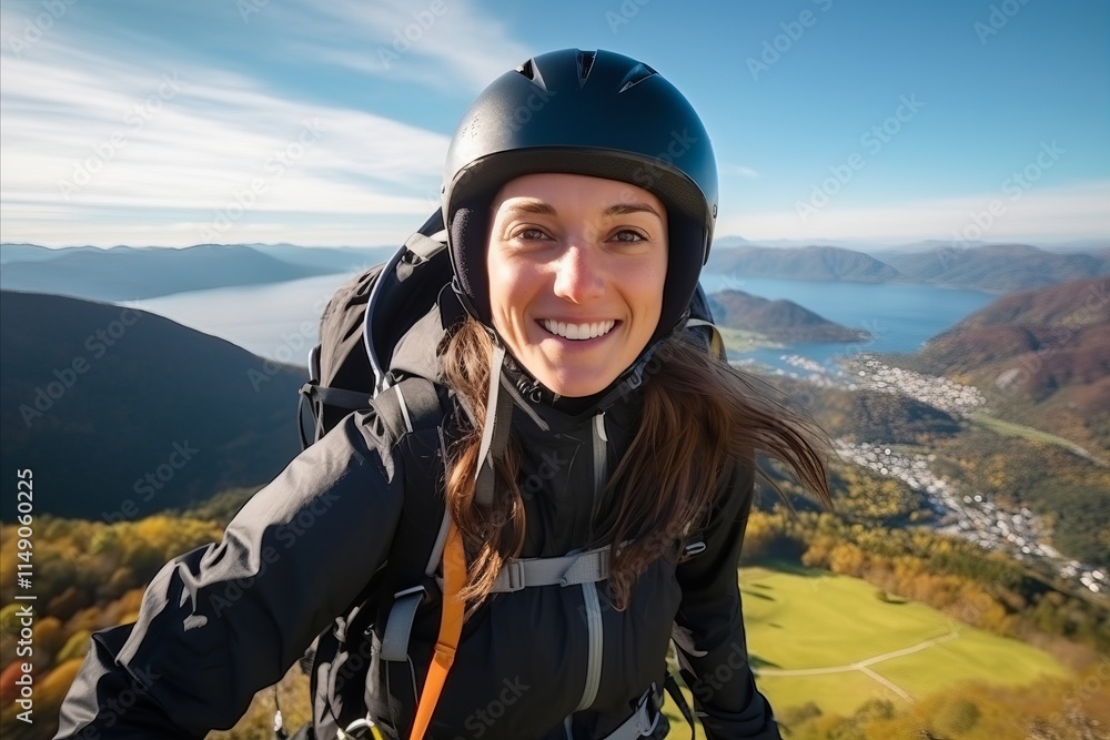 Portrait of a beautiful young woman with helmet on the top of the mountain Portrait of a beautiful young woman with helmet on the top of the mountain
