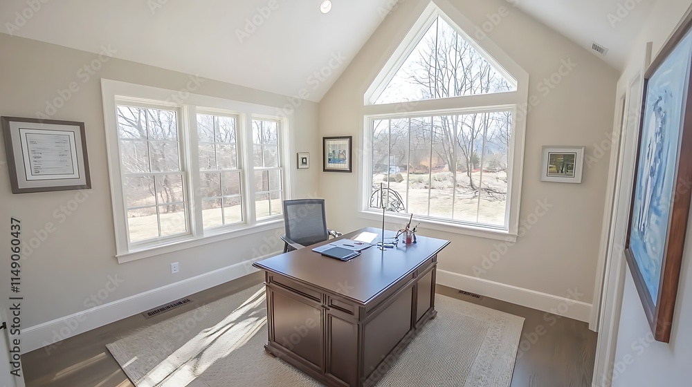 Sunlit home office with large windows, desk, and chair. Sunlit home office with large windows, desk, and chair.