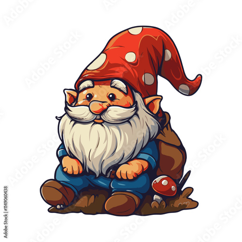 Cartoon gnome with a red hat, sitting beside a sack and mushroom on a white background, symbolizing fantasy and magic