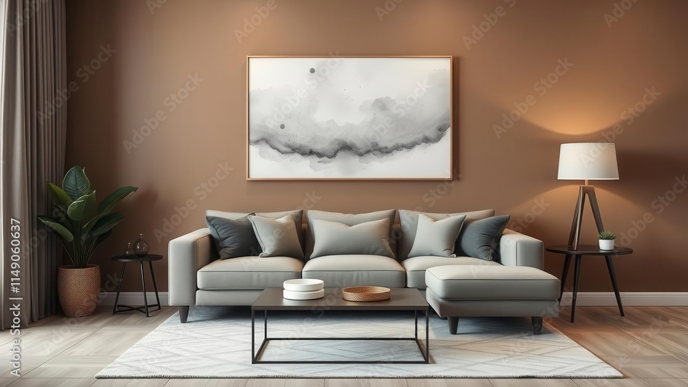 Fototapeta premium Elegant grey living room interior with brown corner sofa featuring gallery of trendy posters, sofa, contemporary