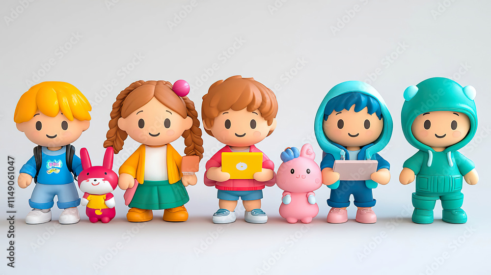 Six childlike 3D characters in an adorable style, each holding items like toys and tablets, against a neutral background. Generated with AI. Six childlike 3D characters in an adorable style, each holding items like toys and tablets, against a neutral background. Generated with AI.