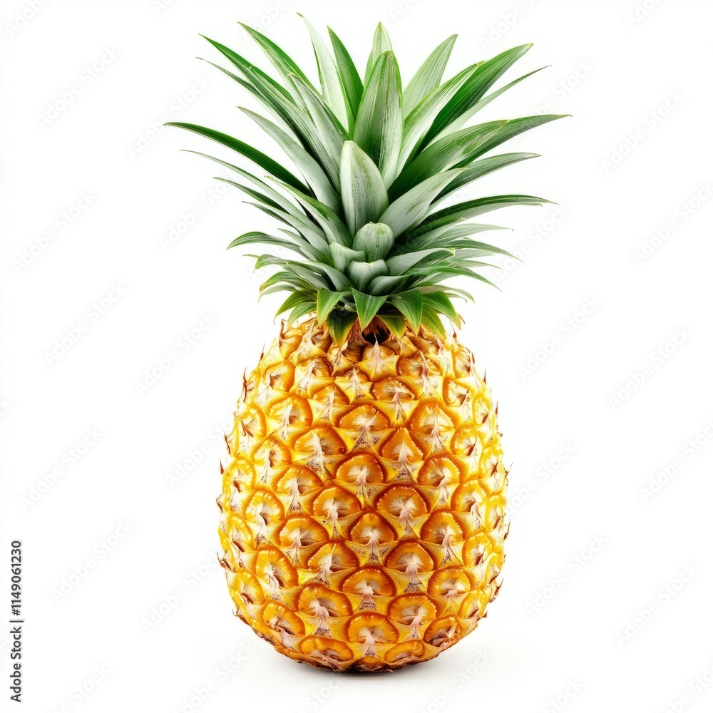 A whole pineapple with green leaves, isolated on a white background. A whole pineapple with green leaves, isolated on a white background.