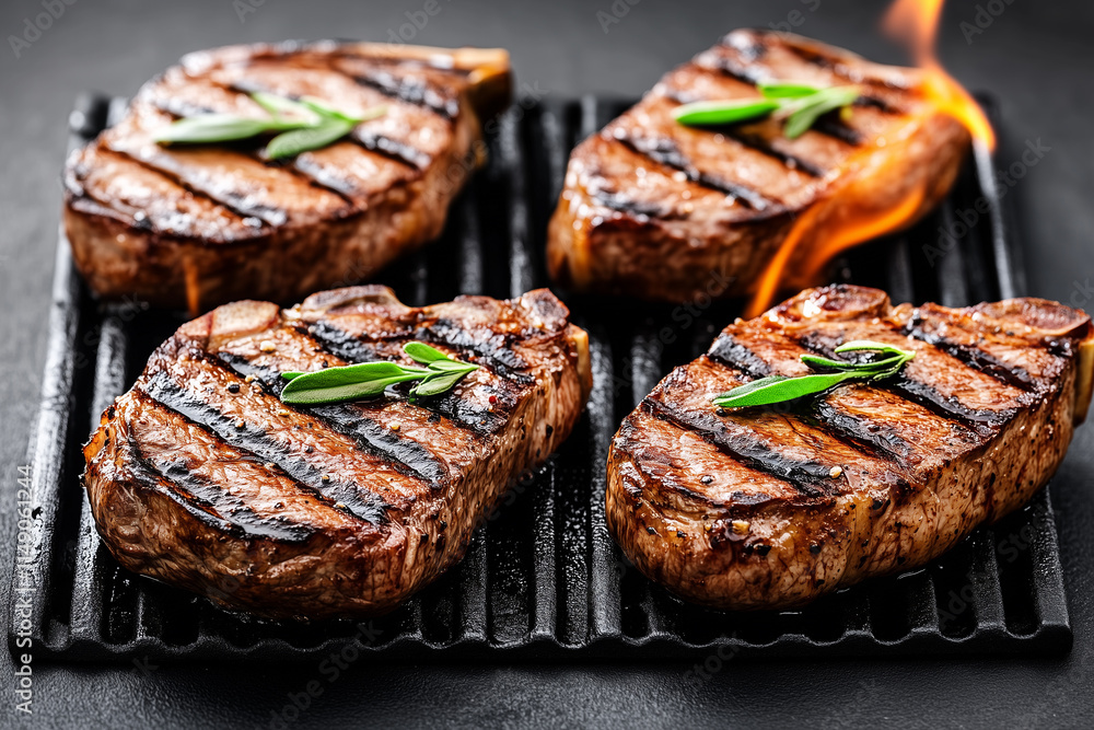 Grilled Steak with Flames and Fresh Herbs on a Grill Pan Grilled Steak with Flames and Fresh Herbs on a Grill Pan