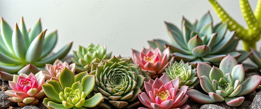 Colorful Succulent Plants in Vibrant Arrangement against Light Background with Copy Space Colorful Succulent Plants in Vibrant Arrangement against Light Background with Copy Space