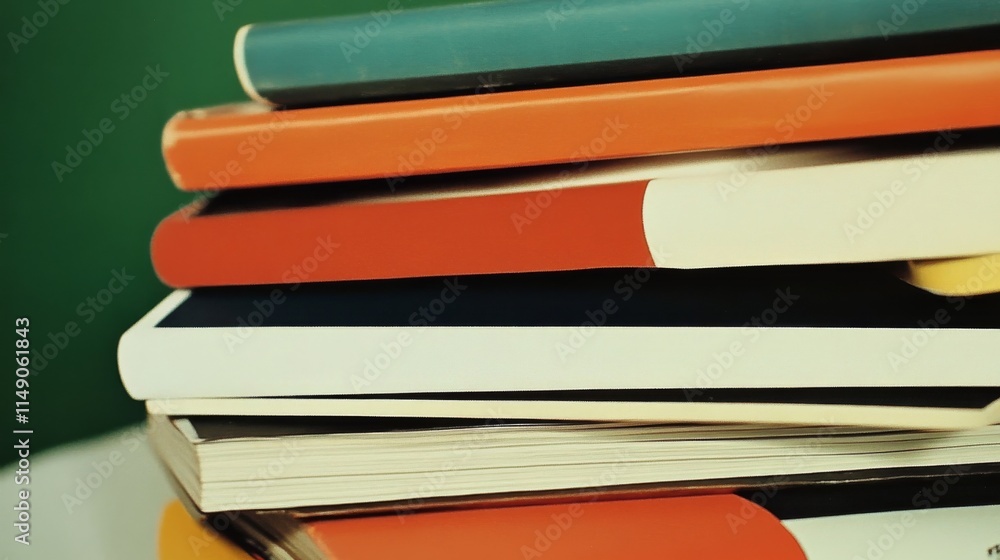 A Vibrant and Colorful Stack of Notebooks Piled Together on a Bright Green Background A Vibrant and Colorful Stack of Notebooks Piled Together on a Bright Green Background