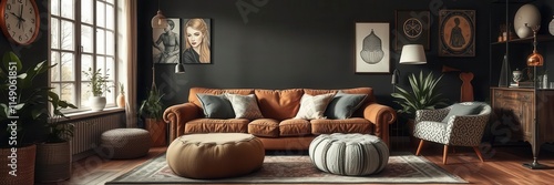 Vintage black poufs placed in a trendy eclectic living room with a brown couch, showcasing a stylish and cozy home decor, poufs, stylish photo