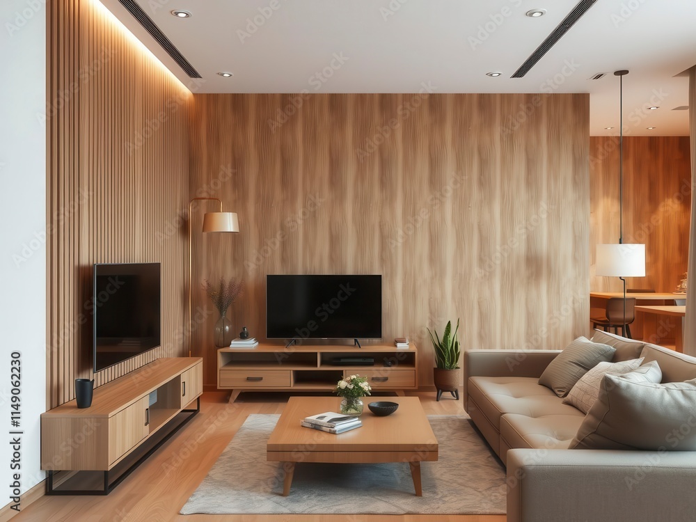 Wooden TV cabinet and cozy sofa in a modern living room setting, furniture, relaxation area Wooden TV cabinet and cozy sofa in a modern living room setting, furniture, relaxation area