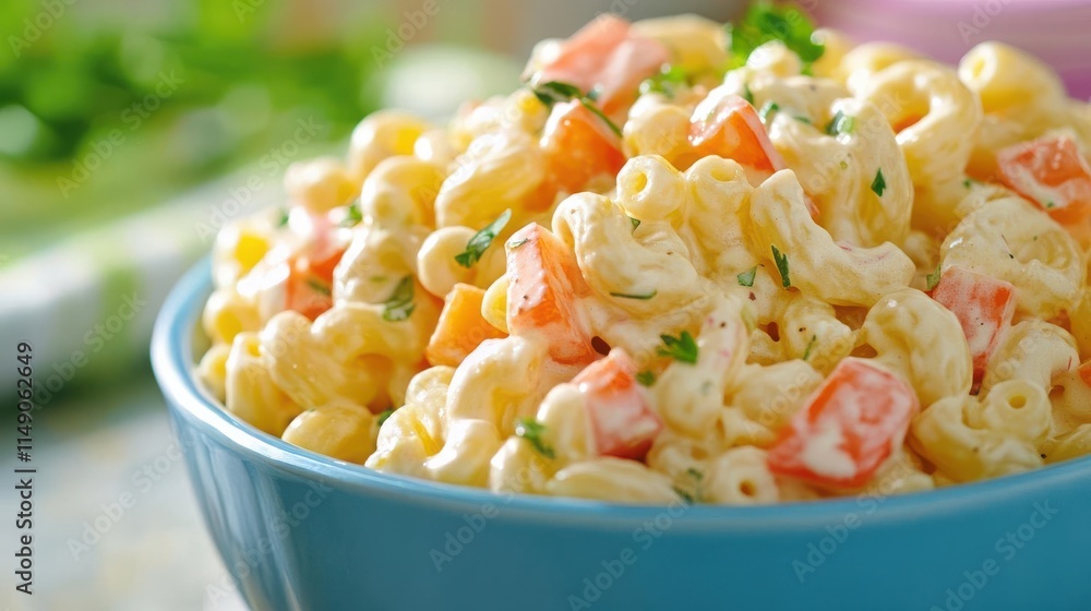 A colorful bowl of creamy pasta salad with vegetables, perfect for a refreshing meal. A colorful bowl of creamy pasta salad with vegetables, perfect for a refreshing meal.