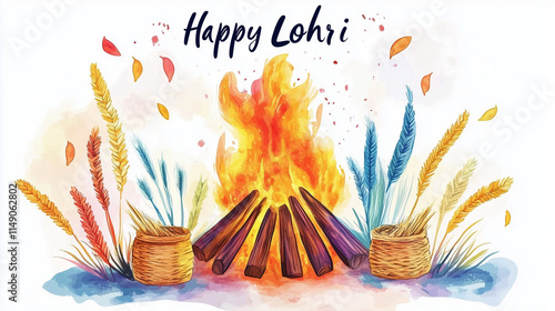 Happy Lohri, Makarsakranti, Indian Festival, Watercolor Design with Bonfire and Wheat Basket, white background