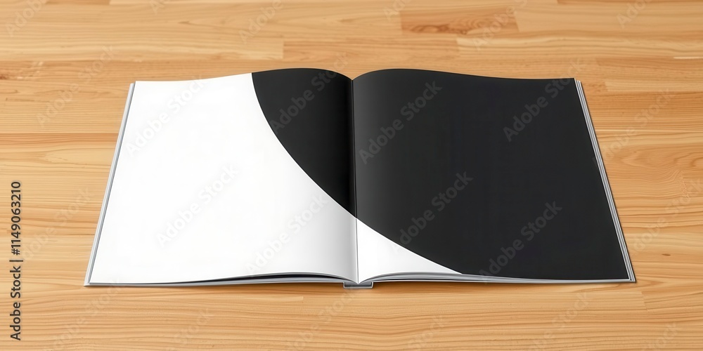 A landscape booklet mockup displayed on a wooden table with blank pages ready for design, pages, marketing, stationary A landscape booklet mockup displayed on a wooden table with blank pages ready for design, pages, marketing, stationary