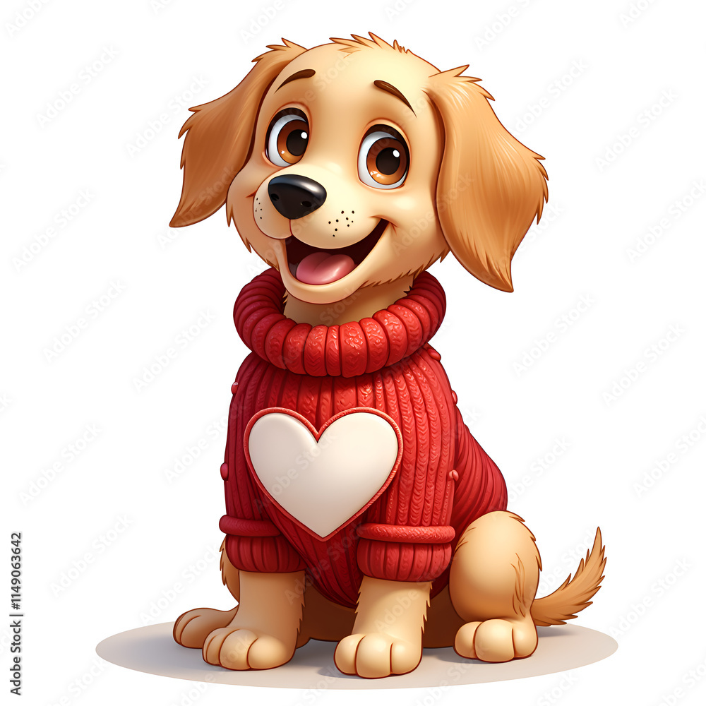 Fototapeta premium Cute cartoon dog in a cozy red sweater with a heart design, digital illustration of character design concept.