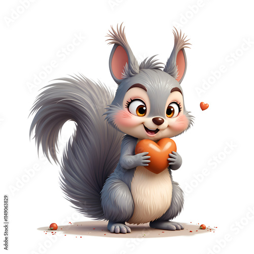 Charming cartoon squirrel holding a heart with a playful expression and cheerful vibes, digital art of character design concept. photo