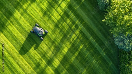 Aerial view of a robotic lawnmower cutting a lush green lawn.