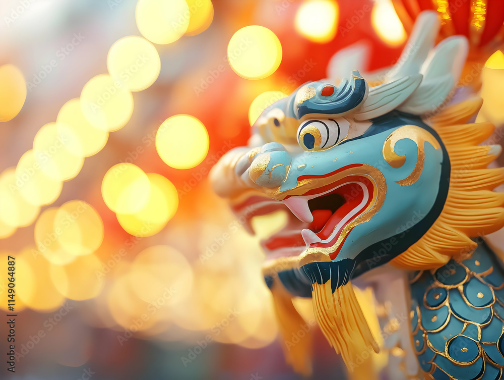 A vibrant dragon sculpture with intricate details, surrounded by colorful bokeh lights, evoking a festive atmosphere. A vibrant dragon sculpture with intricate details, surrounded by colorful bokeh lights, evoking a festive atmosphere.