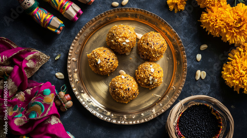 Lohri, Makarsakranti, Indian Festival, Traditional Indian Til Laddu with black Til and Marigold Decoration