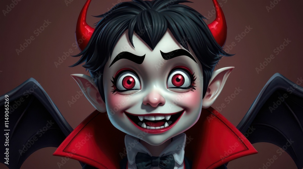 Playful illustration of a cheerful cartoon vampire with red horns, fangs, and bat wings, featuring a mischievous smile and bright red eyes.
Playful illustration of a cheerful cartoon vampire with red horns, fangs, and bat wings, featuring a mischievous smile and bright red eyes.