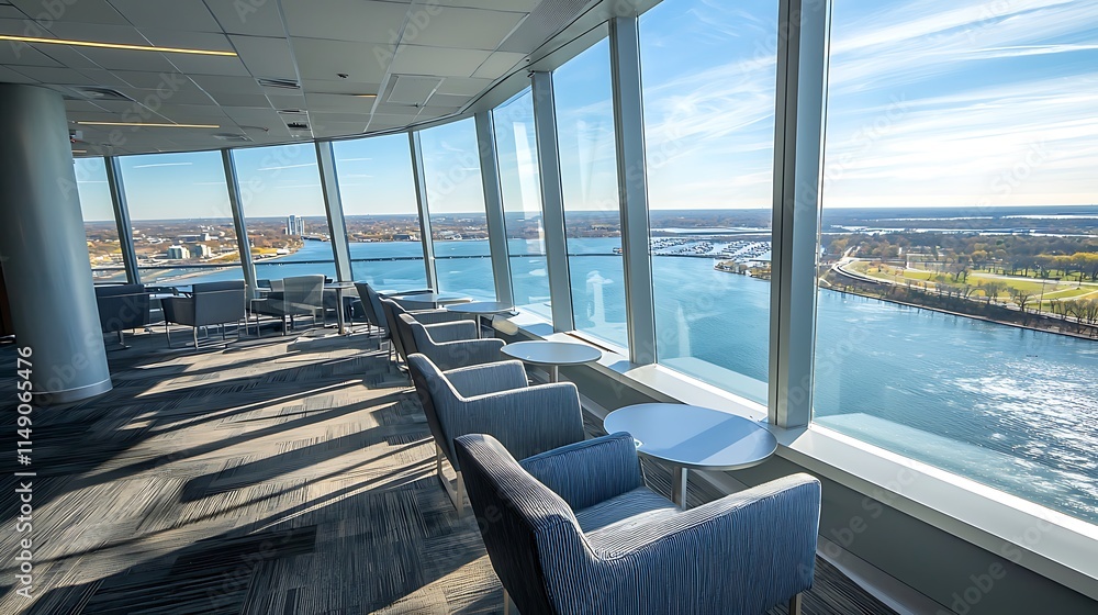 Fototapeta premium Panoramic city view from modern office lounge.