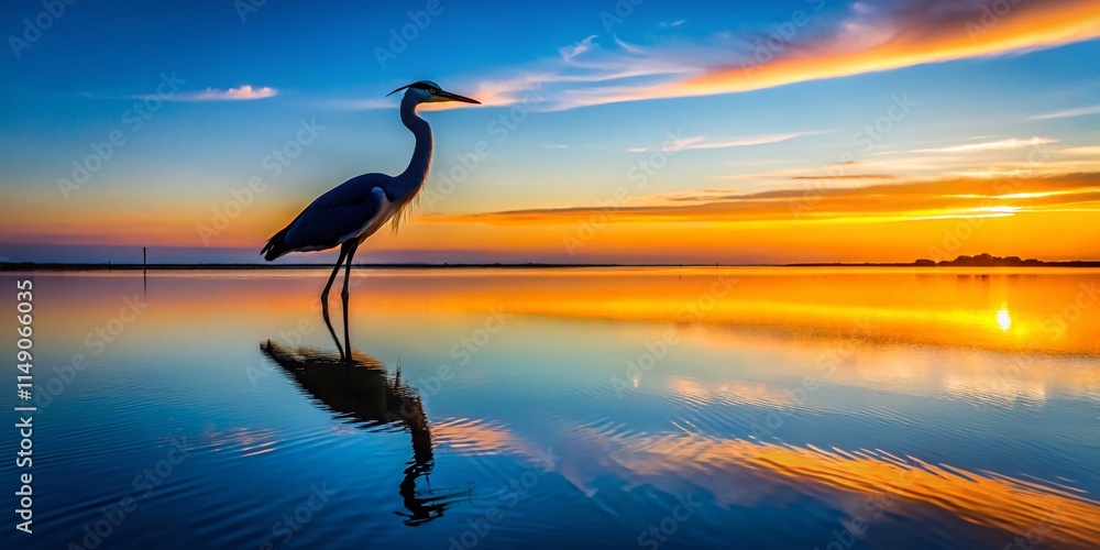 Obraz premium Galveston Bay Heron Silhouette Reflection - Sunrise Coastal Bird Photography