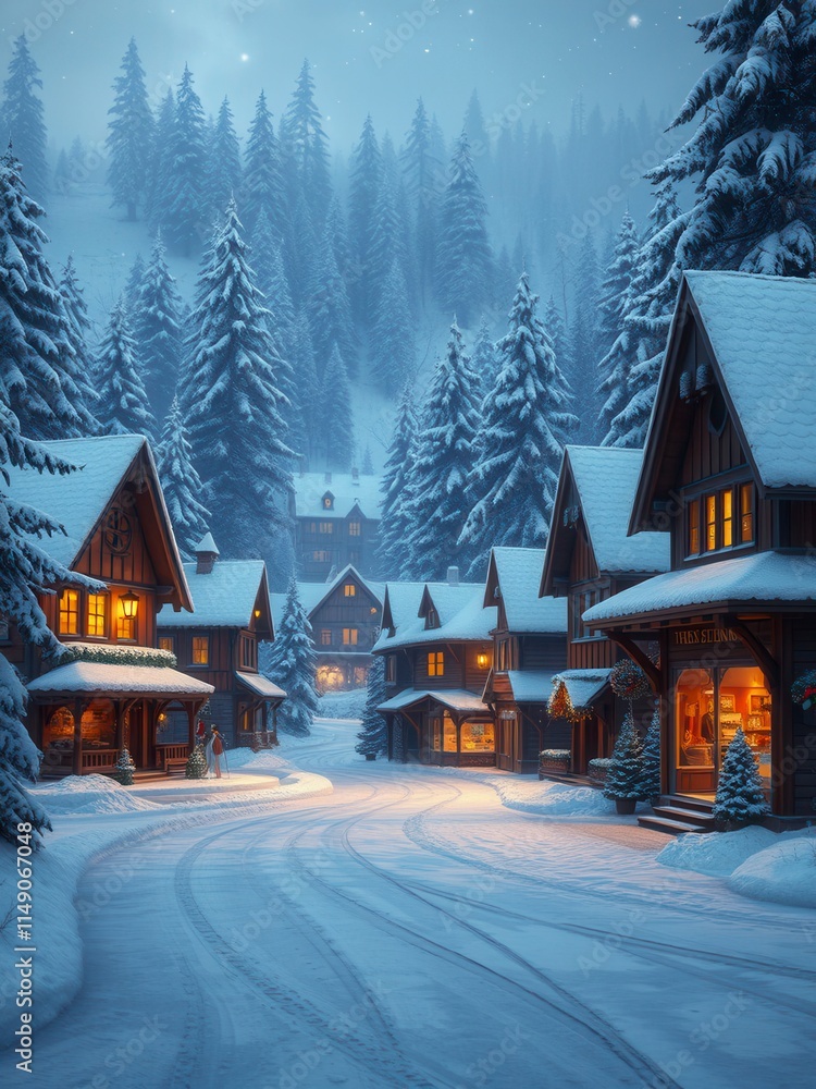 Fototapeta premium Christmas village scene with snow-covered houses, snow covered houses, snowy landscape, charming village, holiday decorations, quaint village