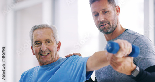 Foto Elderly person, physiotherapy and man in office for help, therapy and arm exercise for healing