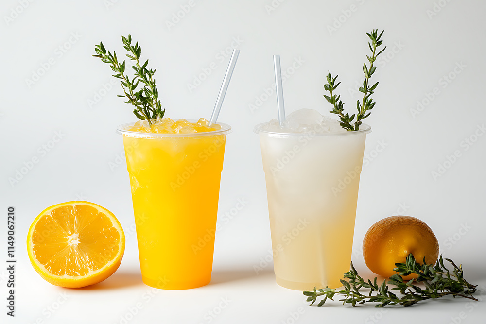 Fototapeta premium Refreshing Summer Drinks in Plastic Cups