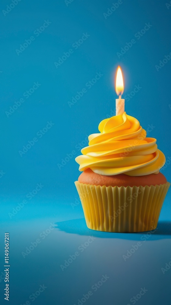 Close-up of yellow birthday cupcake with a burning candle on a blue background, cupcake, vibrant colors Close-up of yellow birthday cupcake with a burning candle on a blue background, cupcake, vibrant colors