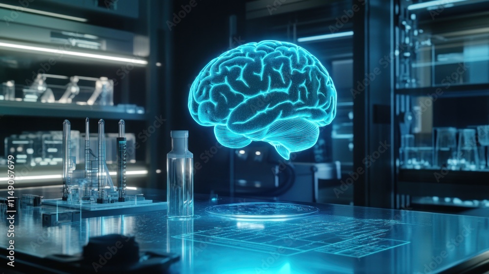 Holographic brain model in a futuristic lab. Holographic brain model in a futuristic lab.