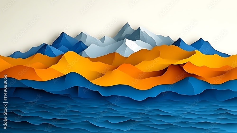 Abstract Papercut Mountainscape Over Deep Blue Water Abstract Papercut Mountainscape Over Deep Blue Water