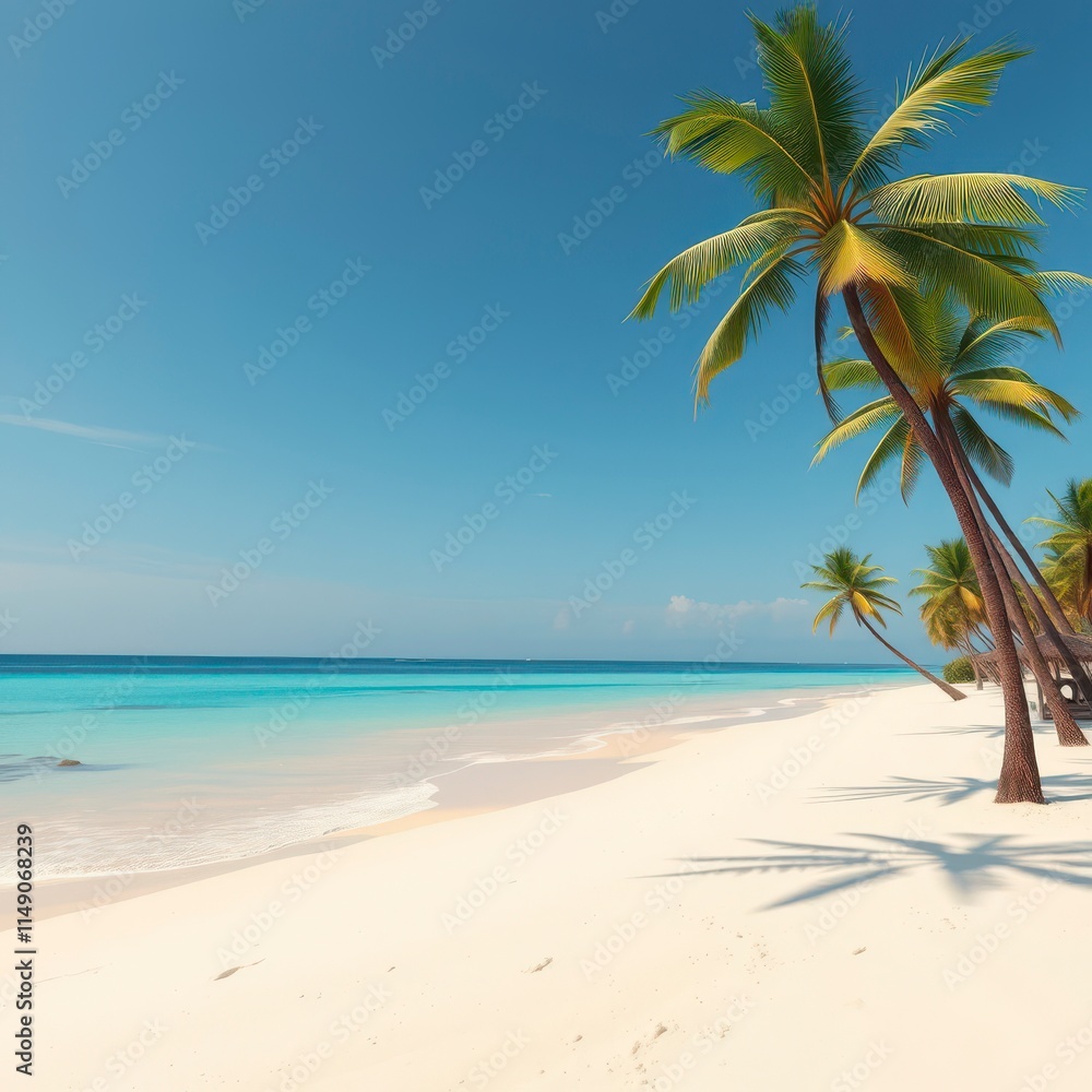 Fototapeta premium Golden sand and turquoise ocean water on a tropical beach with palm trees, coastal scene, turquoise water, palm trees, tropical island