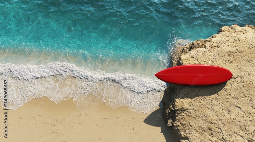 Red surfboard on a cliff overlooking ocean waves.