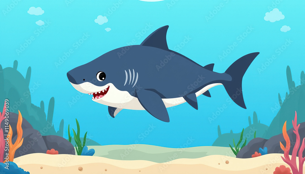 Cheerful baby shark swimming happily in a colorful ocean with coral surroundings, playful concept Cheerful baby shark swimming happily in a colorful ocean with coral surroundings, playful concept