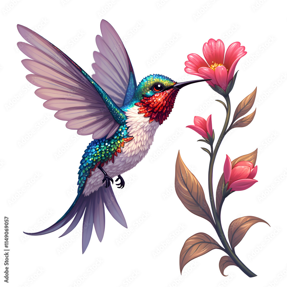 Obraz premium Vibrant hummingbird amidst blossoming flowers in a whimsical garden setting, digital art of nature illustration concept.