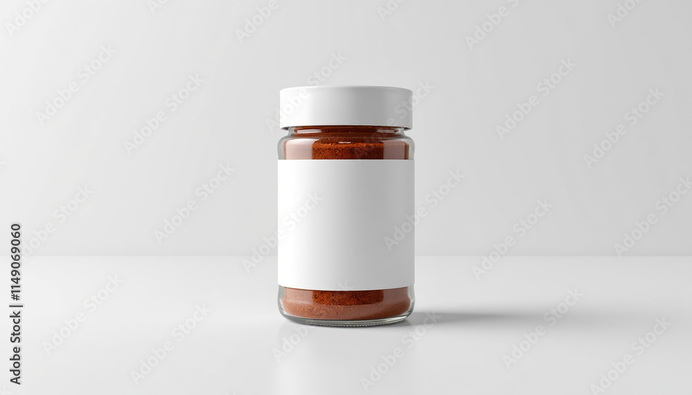 Spice jar mockup with a white lid and blank label on a clean white background Spice jar mockup with a white lid and blank label on a clean white background