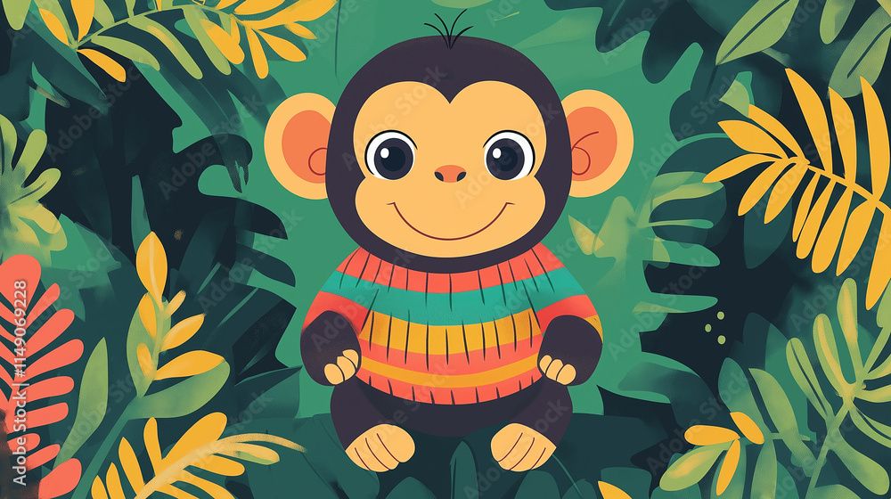 Fototapeta premium Monkey in sweater, playful mood, cute cartoon character surrounded by lush foliage, copy space