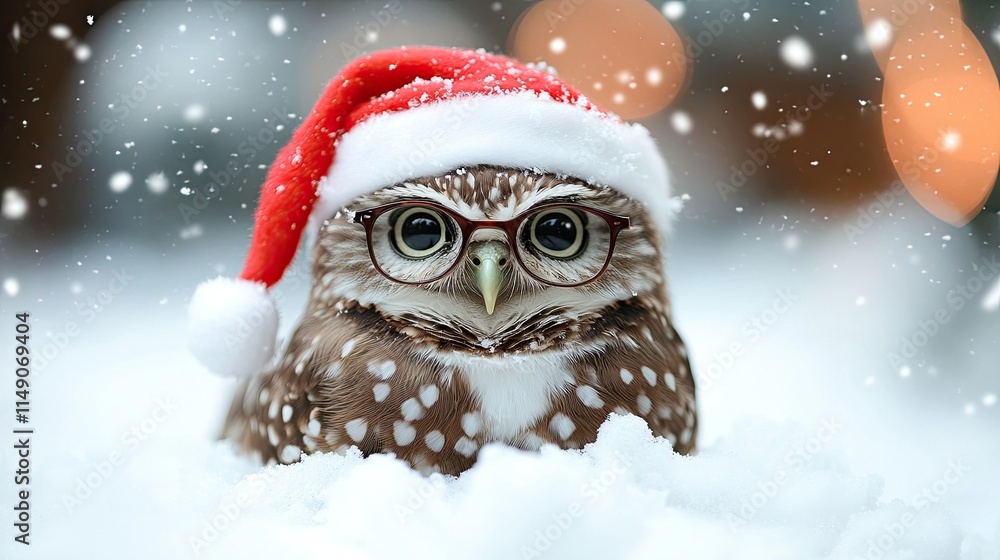 Adorable owl lying on snow in a winter scene, with a Santa hat and spectacles Adorable owl lying on snow in a winter scene, with a Santa hat and spectacles