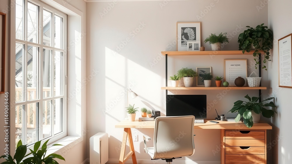 A cozy home office with wooden desk, chair, and shelves covered in green plants, natural light coming from a window, and inspirational posters on the walls, inspiration, window, chair A cozy home office with wooden desk, chair, and shelves covered in green plants, natural light coming from a window, and inspirational posters on the walls, inspiration, window, chair