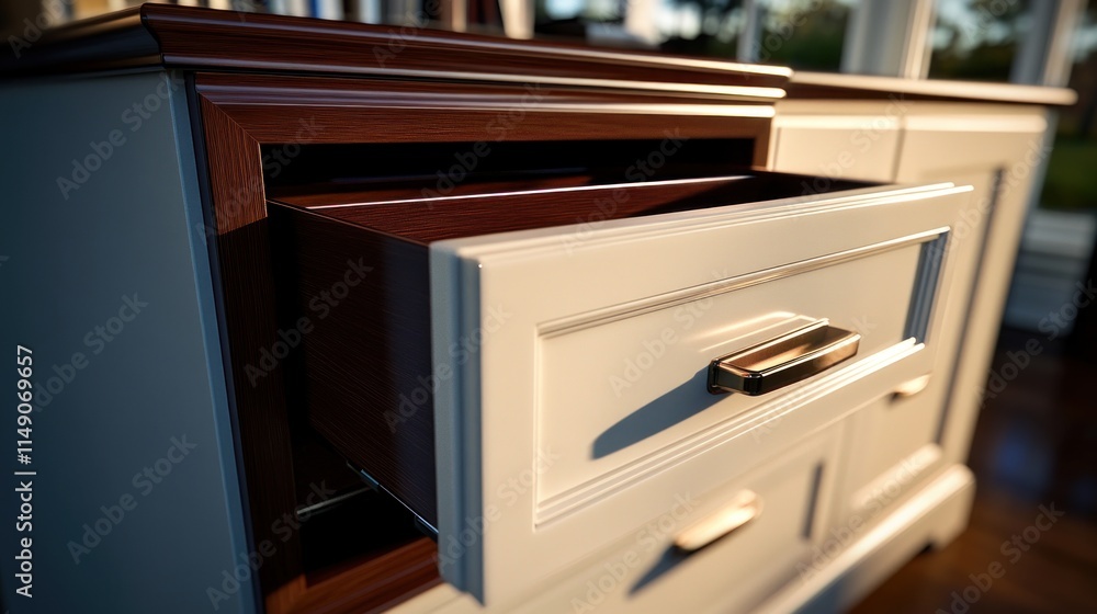 Open drawer of a cream colored wooden cabinet with dark wood trim. Open drawer of a cream colored wooden cabinet with dark wood trim.