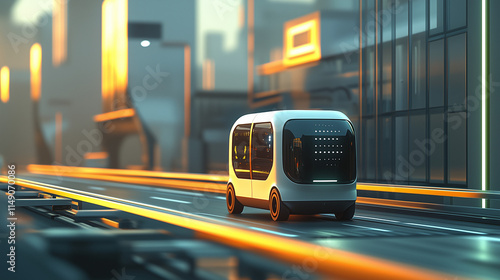 A white selfdriving minibus travels along a futuristic city road. The architecture is sleek and modern, suggesting advanced technology. 
