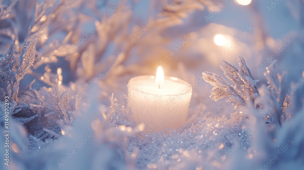 Lit candle nestled in snowy, frosted branches and glittering lights. Lit candle nestled in snowy, frosted branches and glittering lights.