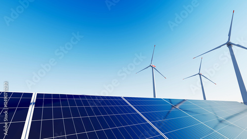 ULTRA HD. Solar power plant and windmills turbine. Renewable energy, green tech. Green energy, renewable energy concept. Windmill farm.	
