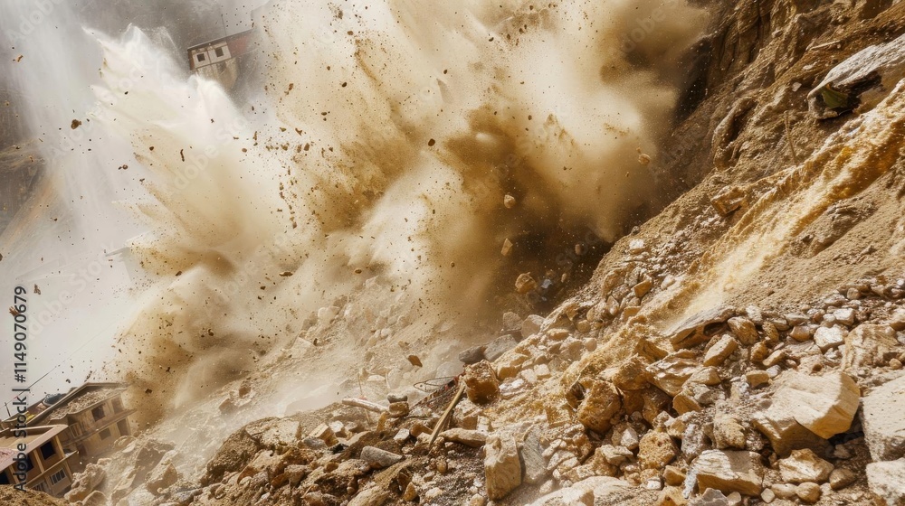 A dramatic landslide sending debris and water cascading down a slope. A dramatic landslide sending debris and water cascading down a slope.