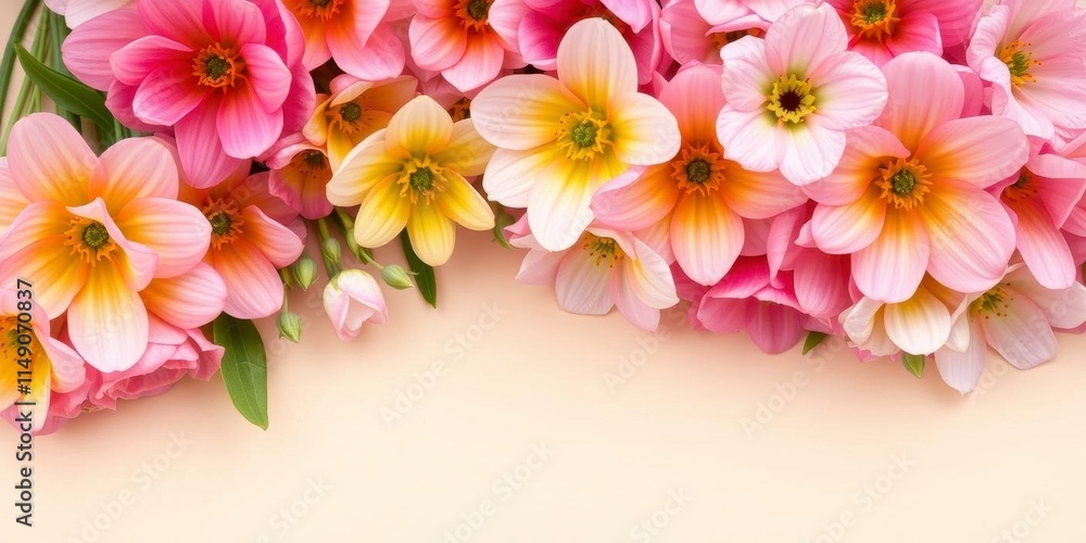 Fototapeta premium Colorful spring flowers in full bloom on a textured paper background, paper, vibrant