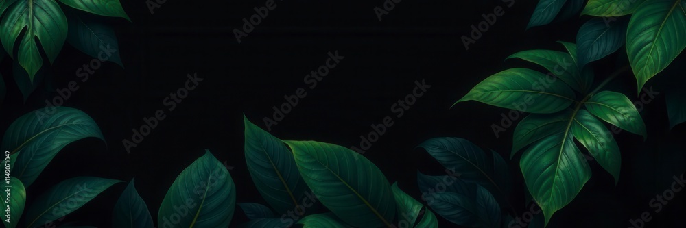 Fototapeta premium Dark pattern featuring lush exotic leaves in shades of green and black, dark, background, leaves