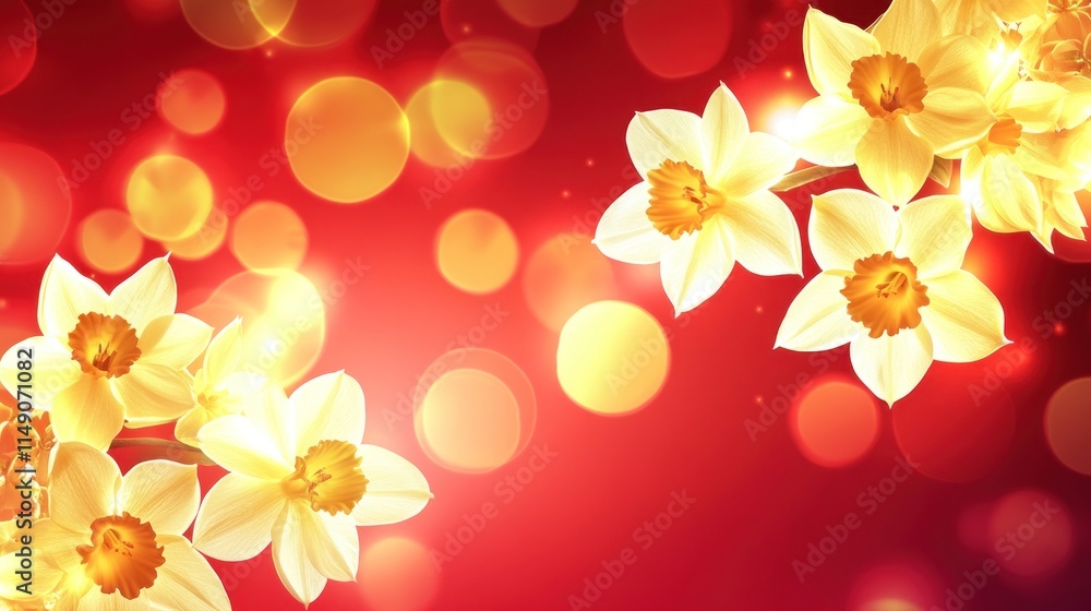 Fototapeta premium Yellow daffodils on red bokeh background.