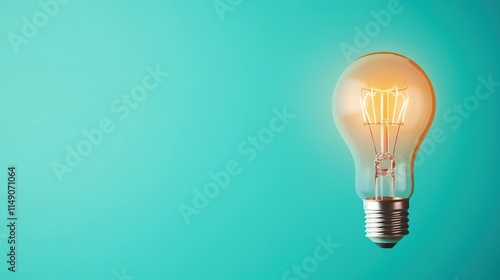 Bright light bulb glows against solid turquoise background new idea, inspiration. Simple image for creative projects. Great photo for tech business articles. Image suitable for social media website.
