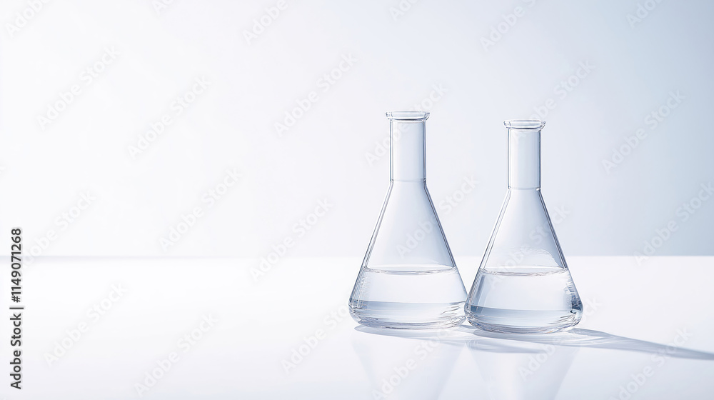 Two clear Erlenmeyer flasks filled with liquid on white surface. Minimalist science still life. Laboratory glassware. Transparent liquid inside flasks. Simple lab setup. Focus on clear liquid. Modern Two clear Erlenmeyer flasks filled with liquid on white surface. Minimalist science still life. Laboratory glassware. Transparent liquid inside flasks. Simple lab setup. Focus on clear liquid. Modern